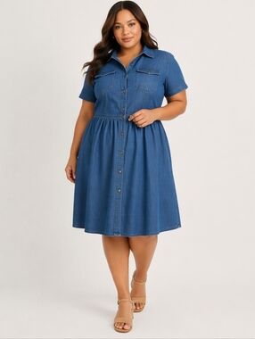 Ashley Stewart Denim Shirt Dress Size 16 Blue Stretch Button Front Pockets Plus